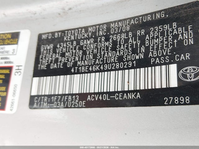 Продажа на аукционе авто 2009 Toyota Camry Le, vin: 4T1BE46K49U280291, номер лота: 45172986