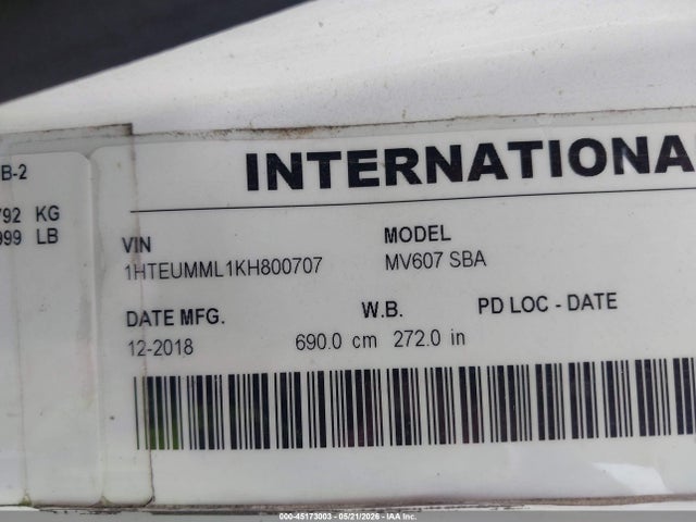 Продаж на аукціоні авто 2019 International Mv, vin: 1HTEUMML1KH800707, номер лоту: 45173003