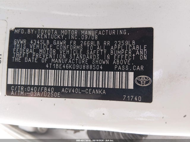 Aukcja sprzedaży 2009 Toyota Camry Le, vin: 4T1BE46K09U888504, numer aukcji: 45173010