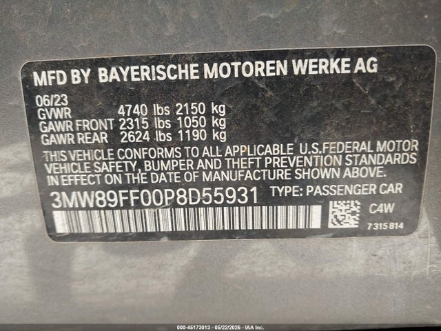 2023 Bmw 330i Xdrive მანქანა იყიდება აუქციონზე, vin: 3MW89FF00P8D55931, აუქციონის ნომერი: 45173013