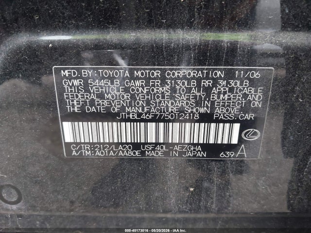 Продаж на аукціоні авто 2007 Lexus Ls 460, vin: JTHBL46F775012418, номер лоту: 45173016