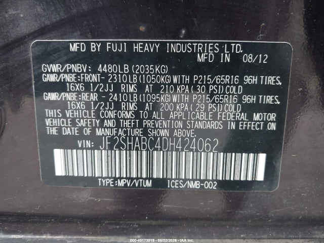 Aukcja sprzedaży 2013 Subaru Forester 2.5x, vin: JF2SHABC4DH424062, numer aukcji: 45173019
