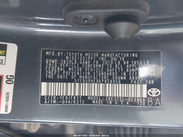 45173028 :رقم المزاد ، 5YFBURHE8KP858956 vin ، 2019 Toyota Corolla Le مزاد بيع