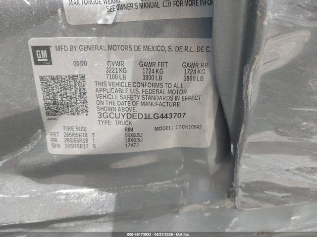 45173033 :رقم المزاد ، 3GCUYDED1LG443707 vin ، 2020 Chevrolet Silverado 1500 4wd  Short Bed Lt مزاد بيع