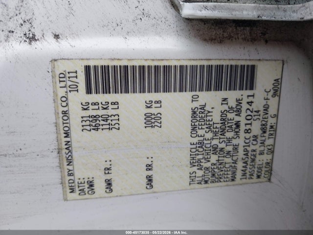 45173035 :رقم المزاد ، 1N4AA5AP1CC810241 vin ، 2012 Nissan Maxima 3.5 Sv مزاد بيع