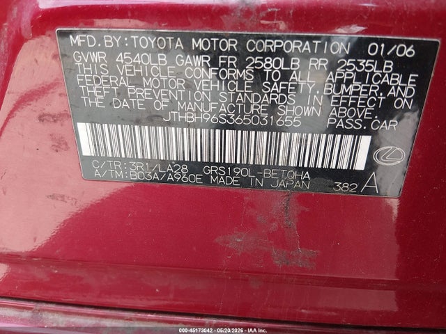 Aukcja sprzedaży 2006 Lexus Gs 300, vin: JTHBH96S365031655, numer aukcji: 45173042