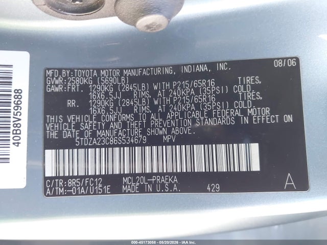 Aukcja sprzedaży 2006 Toyota Sienna Le, vin: 5TDZA23C86S534679, numer aukcji: 45173058