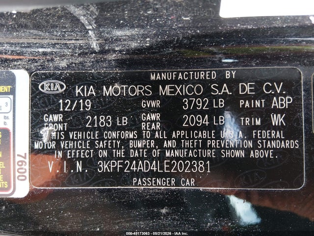 2020 Kia Forte Fe მანქანა იყიდება აუქციონზე, vin: 3KPF24AD4LE202381, აუქციონის ნომერი: 45173063