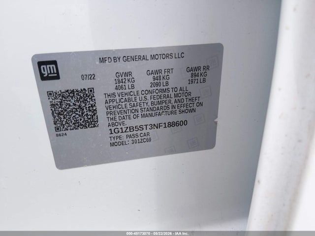 45173070 :رقم المزاد ، 1G1ZB5ST3NF188600 vin ، 2022 Chevrolet Malibu Fwd Ls مزاد بيع