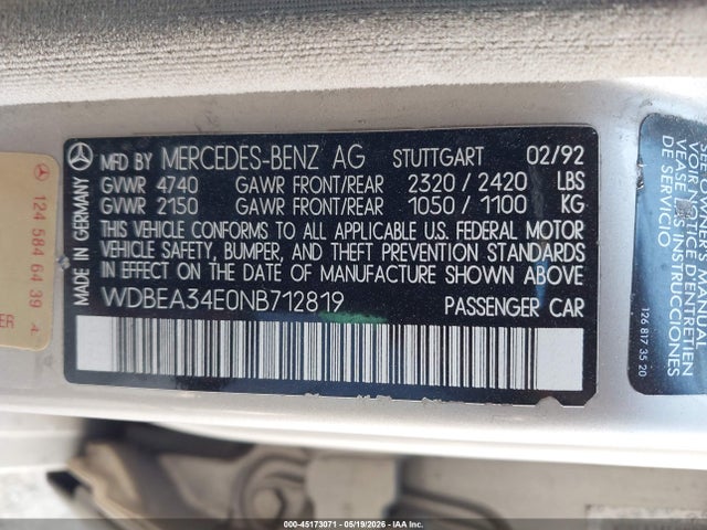 Aukcja sprzedaży 1992 Mercedes-benz 400 E, vin: WDBEA34E0NB712819, numer aukcji: 45173071