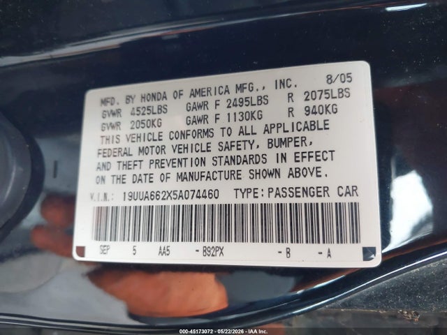 Aukcja sprzedaży 2005 Acura Tl, vin: 19UUA662X5A074460, numer aukcji: 45173072