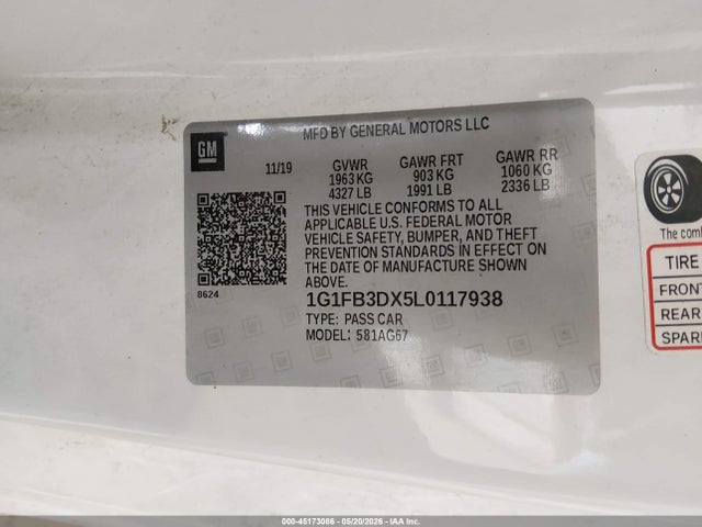 45173086 :رقم المزاد ، 1G1FB3DX5L0117938 vin ، 2020 Chevrolet Camaro Rwd  1lt مزاد بيع