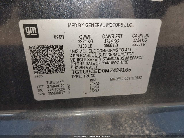 Aukcja sprzedaży 2021 Gmc Sierra 1500 4wd  Short Box Elevation, vin: 1GTU9CED0MZ434165, numer aukcji: 45173088