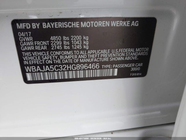 BMW 530I 2017 WBAJA5C32HG896466 Image 9