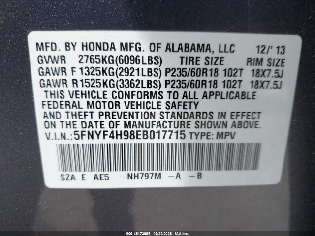 2014 Honda Pilot Touring მანქანა იყიდება აუქციონზე, vin: 5FNYF4H98EB017715, აუქციონის ნომერი: 45173092