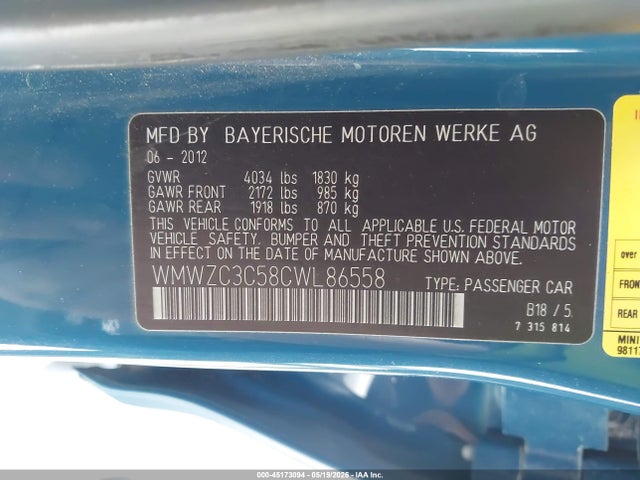 45173094 :رقم المزاد ، WMWZC3C58CWL86558 vin ، 2012 Mini Cooper S Countryman مزاد بيع