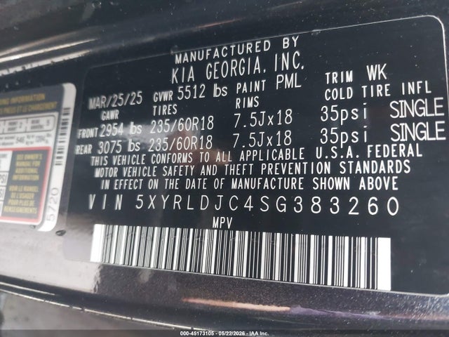 45173105 :رقم المزاد ، 5XYRLDJC4SG383260 vin ، 2025 Kia Sorento S مزاد بيع