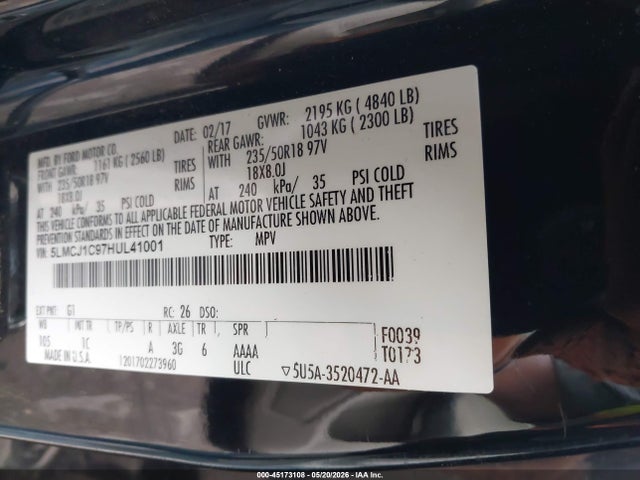 Продажа на аукционе авто 2017 Lincoln Mkc Premiere, vin: 5LMCJ1C97HUL41001, номер лота: 45173108