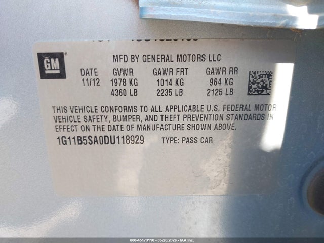 Aukcja sprzedaży 2013 Chevrolet Malibu 1ls, vin: 1G11B5SA0DU118929, numer aukcji: 45173110
