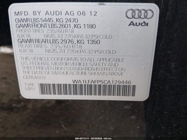 45173111 :رقم المزاد ، WA1LFAFP5CA129446 vin ، 2012 Audi Q5 2.0t Premium مزاد بيع