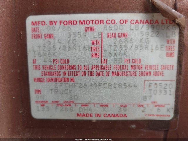 45173116 :رقم المزاد ، 2FTHF26H9FCB18544 vin ، 1985 Ford F250 مزاد بيع