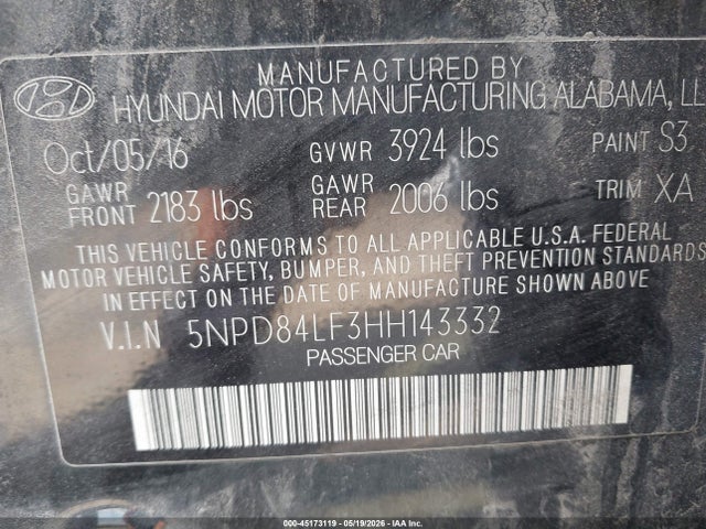 45173119 :رقم المزاد ، 5NPD84LF3HH143332 vin ، 2017 Hyundai Elantra Value Edition مزاد بيع