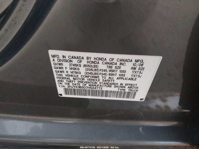 45173126 :رقم المزاد ، 2HJYK16507H524773 vin ، 2007 Honda Ridgeline Rtl مزاد بيع