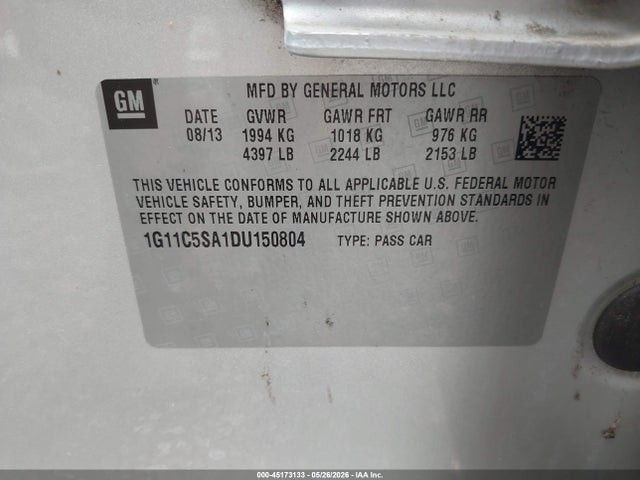 45173133 :رقم المزاد ، 1G11C5SA1DU150804 vin ، 2013 Chevrolet Malibu 1lt مزاد بيع