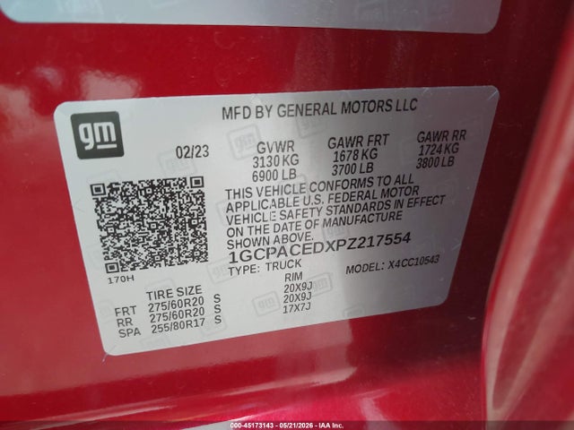 45173143 :رقم المزاد ، 1GCPACEDXPZ217554 vin ، 2023 Chevrolet Silverado 1500 2wd  Short Bed Lt مزاد بيع