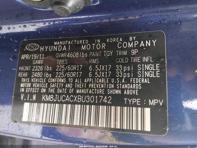 2011 Hyundai Tucson Gls მანქანა იყიდება აუქციონზე, vin: KM8JUCACXBU301742, აუქციონის ნომერი: 45173147