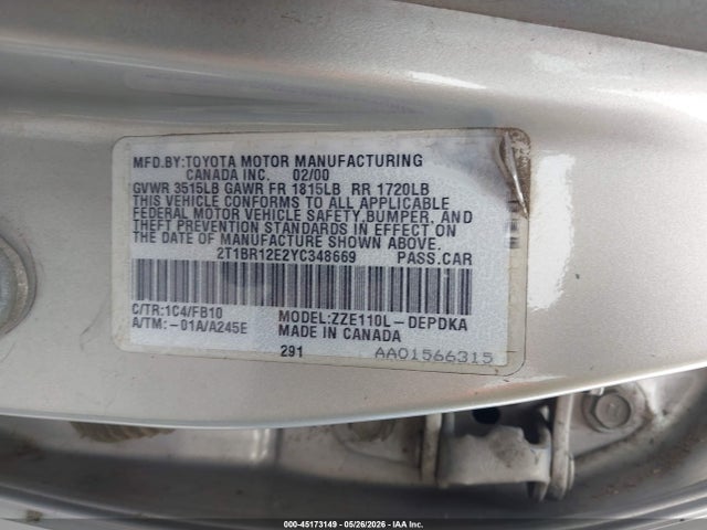 45173149 :رقم المزاد ، 2T1BR12E2YC348669 vin ، 2000 Toyota Corolla Ce مزاد بيع