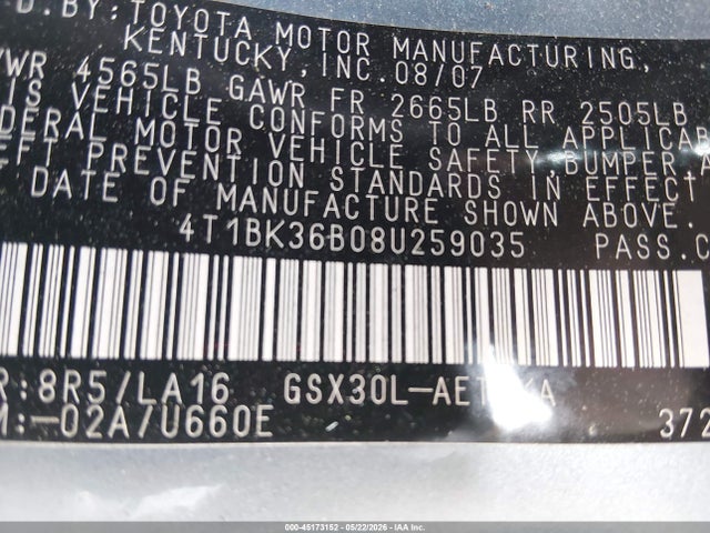 Aukcja sprzedaży 2008 Toyota Avalon Xls, vin: 4T1BK36B08U259035, numer aukcji: 45173152