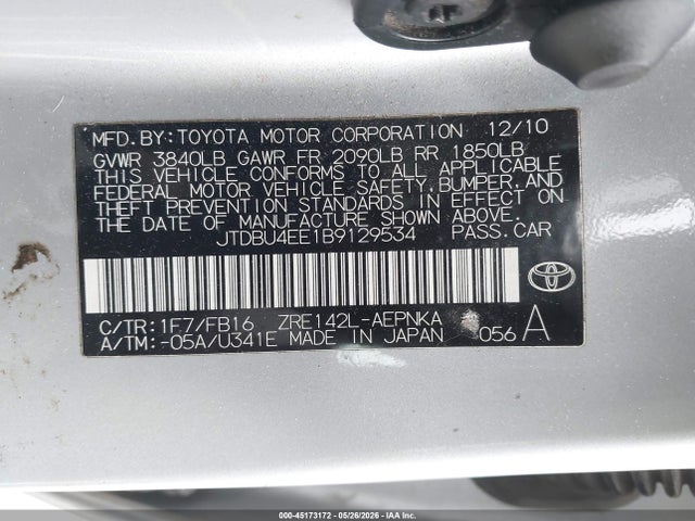 Aukcja sprzedaży 2011 Toyota Corolla Le, vin: JTDBU4EE1B9129534, numer aukcji: 45173172