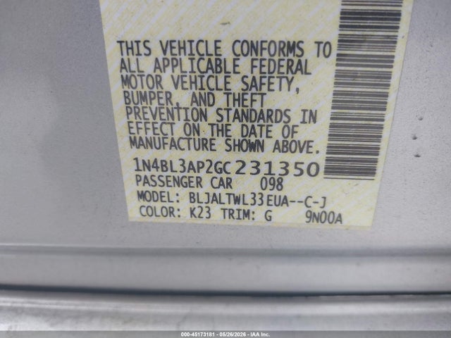 1N4BL3AP2GC231350 Nissan Altima 3.5 Sl