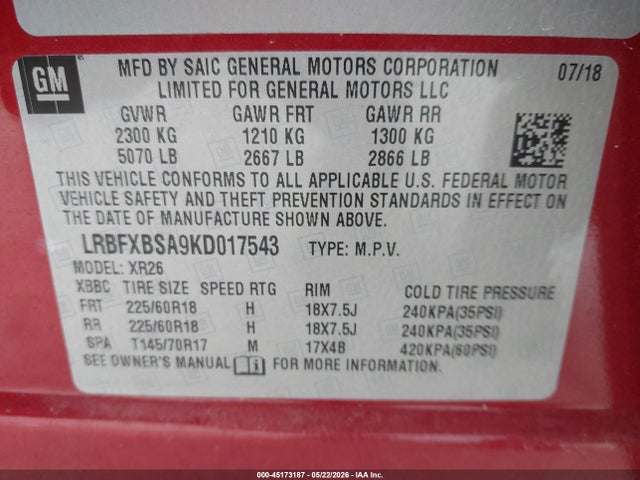 Продаж на аукціоні авто 2019 Buick Envision Fwd Preferred, vin: LRBFXBSA9KD017543, номер лоту: 45173187