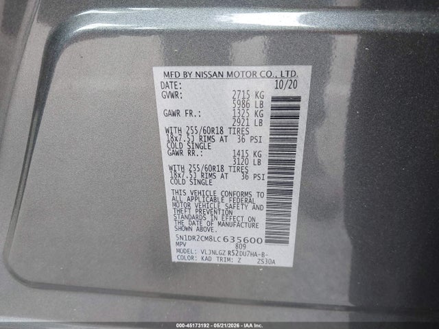 Aukcja sprzedaży 2020 Nissan Pathfinder Sl 4wd, vin: 5N1DR2CM8LC635600, numer aukcji: 45173192