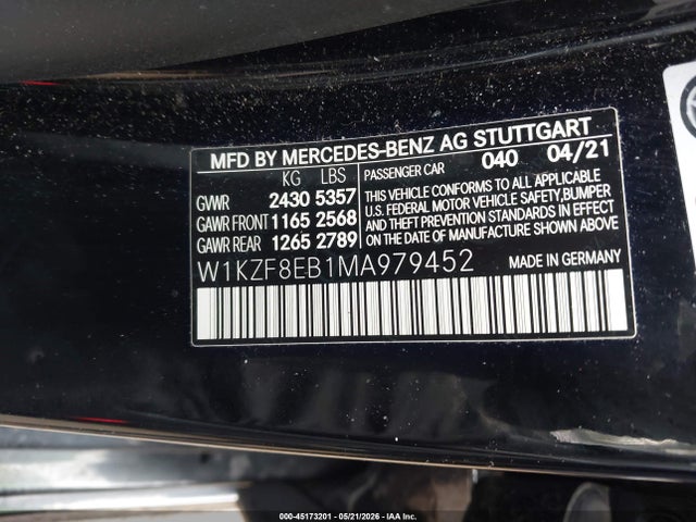 Auction sale of the 2021 Mercedes-benz E 350 4matic, vin: W1KZF8EB1MA979452, lot number: 45173201