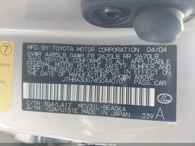 2004 Lexus Es 330 მანქანა იყიდება აუქციონზე, vin: JTHBA30G745044010, აუქციონის ნომერი: 45173213