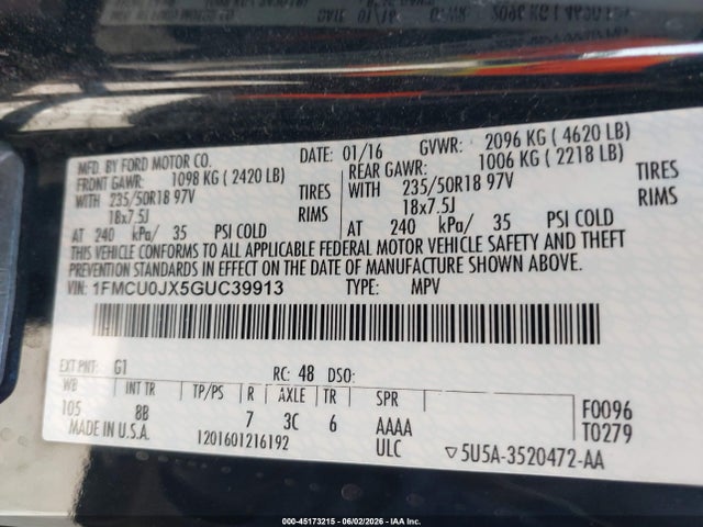 Aukcja sprzedaży 2016 Ford Escape Titanium, vin: 1FMCU0JX5GUC39913, numer aukcji: 45173215