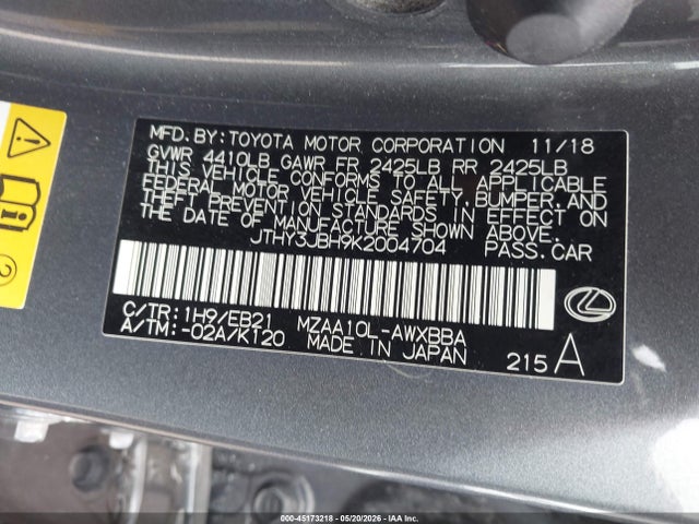 2019 Lexus Ux 200 F Sport მანქანა იყიდება აუქციონზე, vin: JTHY3JBH9K2004704, აუქციონის ნომერი: 45173218