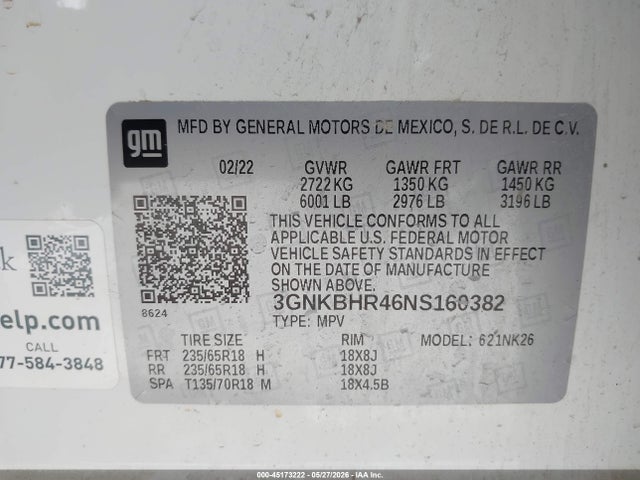3GNKBHR46NS160382 Chevrolet Blazer Awd 2lt