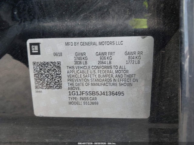 2018 Chevrolet Sonic Premier Auto მანქანა იყიდება აუქციონზე, vin: 1G1JF5SB5J4136495, აუქციონის ნომერი: 45173239