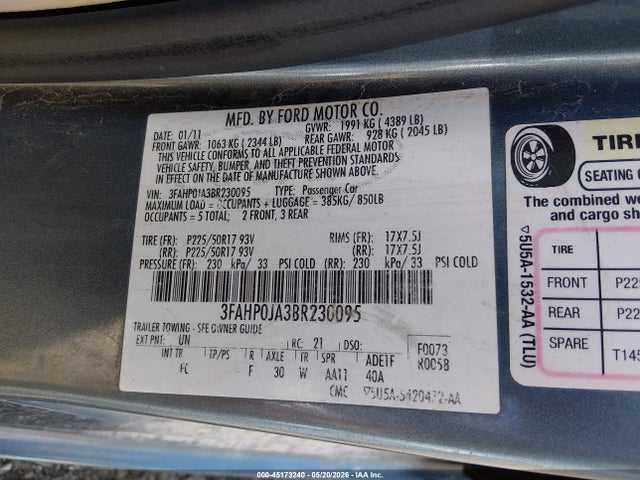 45173240 :رقم المزاد ، 3FAHP0JA3BR230095 vin ، 2011 Ford Fusion Sel مزاد بيع