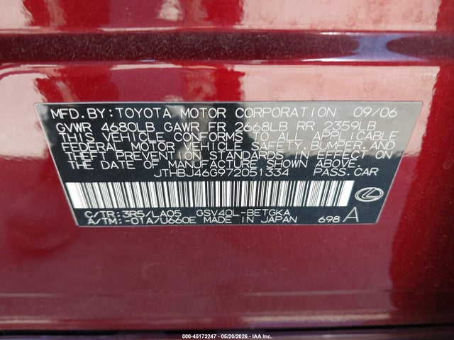 Продажа на аукционе авто 2007 Lexus Es 350, vin: JTHBJ46G972051334, номер лота: 45173247
