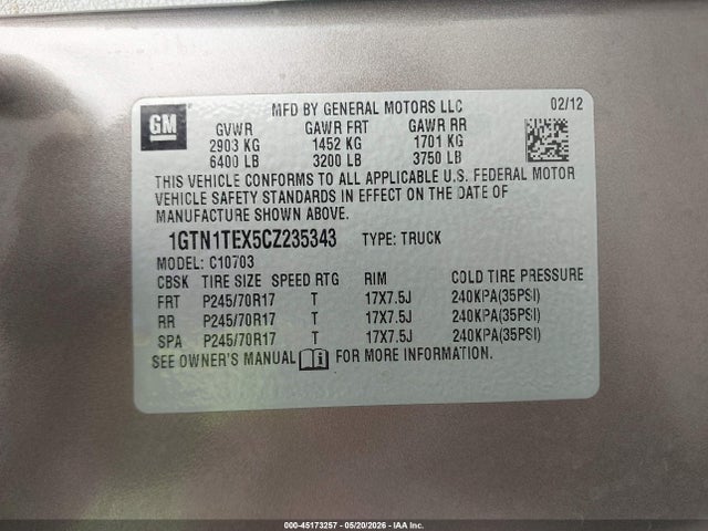 45173257 :رقم المزاد ، 1GTN1TEX5CZ235343 vin ، 2012 Gmc Sierra 1500 Work Truck مزاد بيع