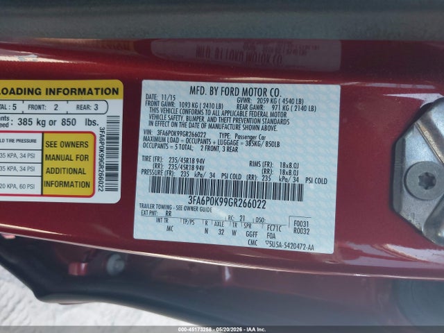 45173258 :رقم المزاد ، 3FA6P0K99GR266022 vin ، 2016 Ford Fusion Titanium مزاد بيع