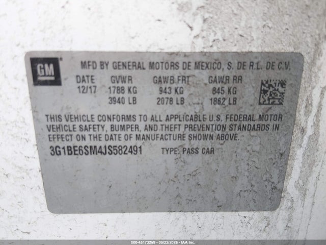 Aukcja sprzedaży 2018 Chevrolet Cruze Lt, vin: 3G1BE6SM4JS582491, numer aukcji: 45173259