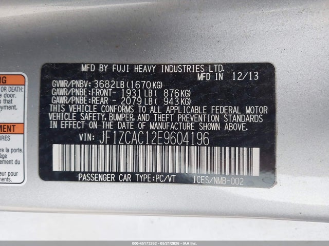 Aukcja sprzedaży 2014 Subaru Brz Limited, vin: JF1ZCAC12E9604196, numer aukcji: 45173262