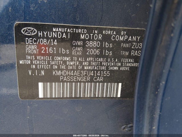 Aukcja sprzedaży 2015 Hyundai Elantra Se, vin: KMHDH4AE3FU414155, numer aukcji: 45173265