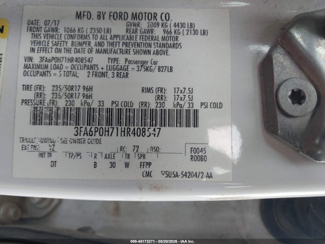 45173271 :رقم المزاد ، 3FA6P0H71HR408547 vin ، 2017 Ford Fusion Se مزاد بيع